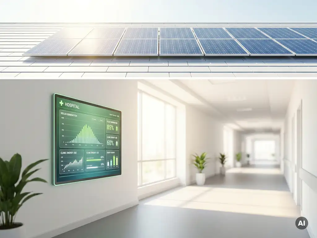 Solaranlage auf einem Krankenhausdach mit digitalem Energiemonitor im klinischen Korridor darunter.