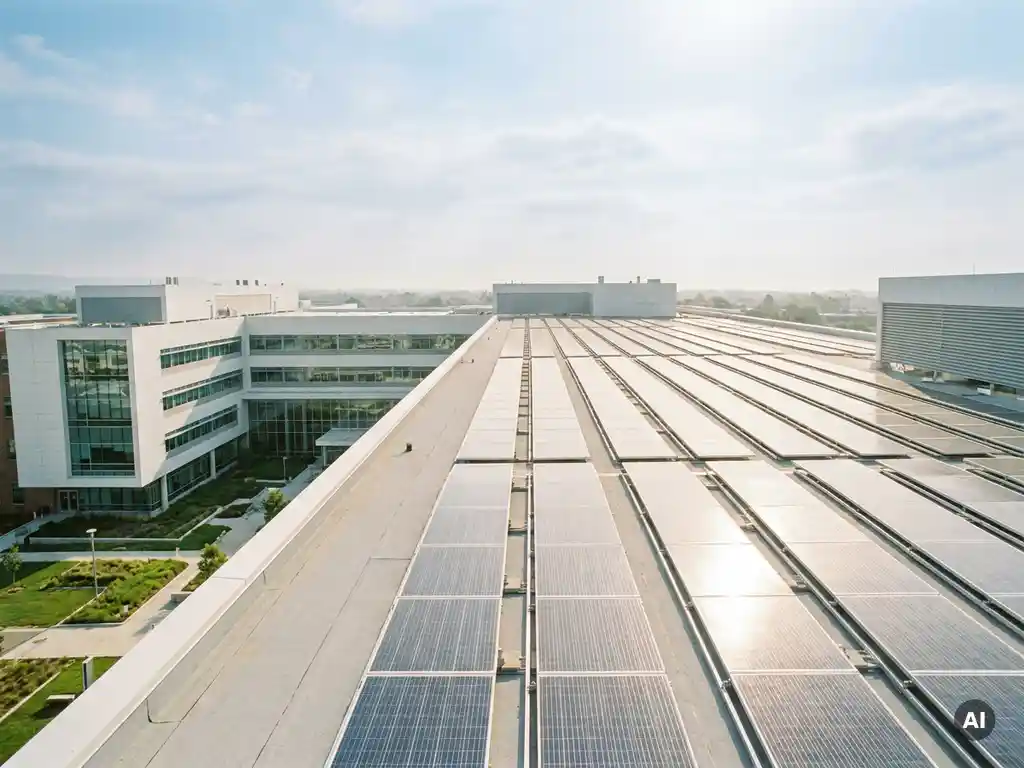 Photovoltaikanlage auf dem Flachdach eines modernen Krankenhauses mit glänzenden Solarmodulen im Mittagslicht.