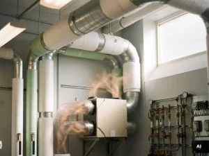 Moderner Technikraum mit isolierten Lüftungskanälen und kompakter Wärmerückgewinnungsanlage in einem Krankenhaus.