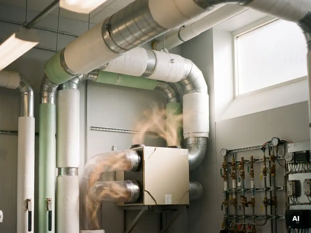 Moderner Technikraum mit isolierten Lüftungskanälen und kompakter Wärmerückgewinnungsanlage in einem Krankenhaus.